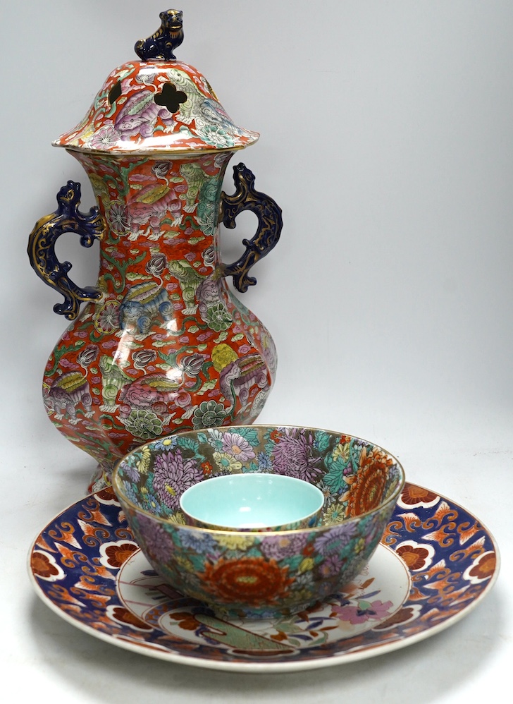 A collection of Chinese porcelain to include twin handled vase and cover, ‘dragon’ bowl and plate, largest 33cm in diameter. Condition - fair to good